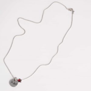 Collar con cadena de plata y medalla redonda de 10cm y grabada con la letra del peque. Además incluye una circonita n forma de estrella roja.